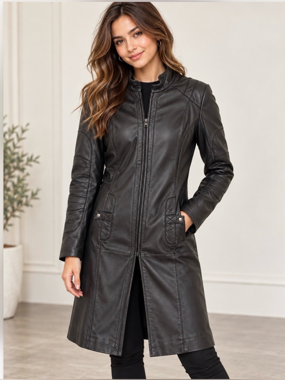217. Danier Black Long Leather Coat with Zip Front